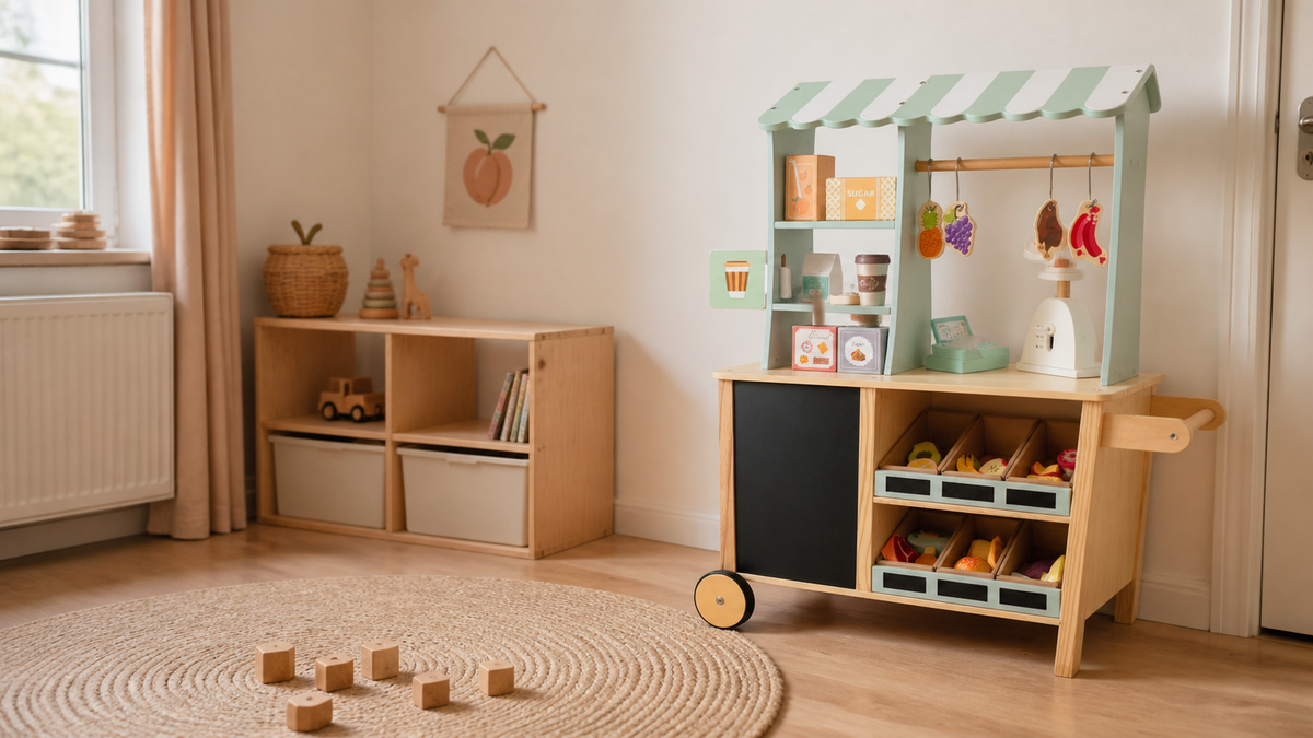 Kinderkamer met houten speelgoed: food truck speelstand, houten blokken op een kleed en een lage open kast op kindhoogte