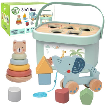 3in1 Toy Box - Sorting Blocks, Stackable Pyramid and Elephant On Wheels — 2