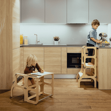 Ette Tete STEP’n’SIT® omvormbare 2-in-1 leertoren en tafel – Naturel hout met steunpoten – productbeeld 3 — 3