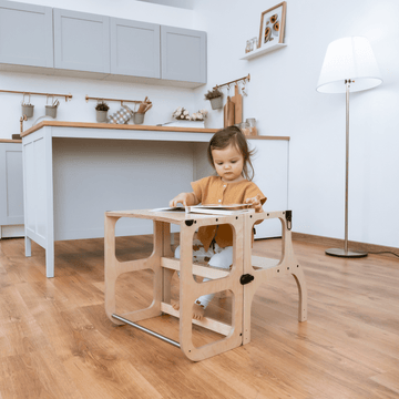 Ette Tete STEP’n’SIT® omvormbare 2-in-1 leertoren en tafel – Naturel hout met steunpoten – productbeeld 7 — 7